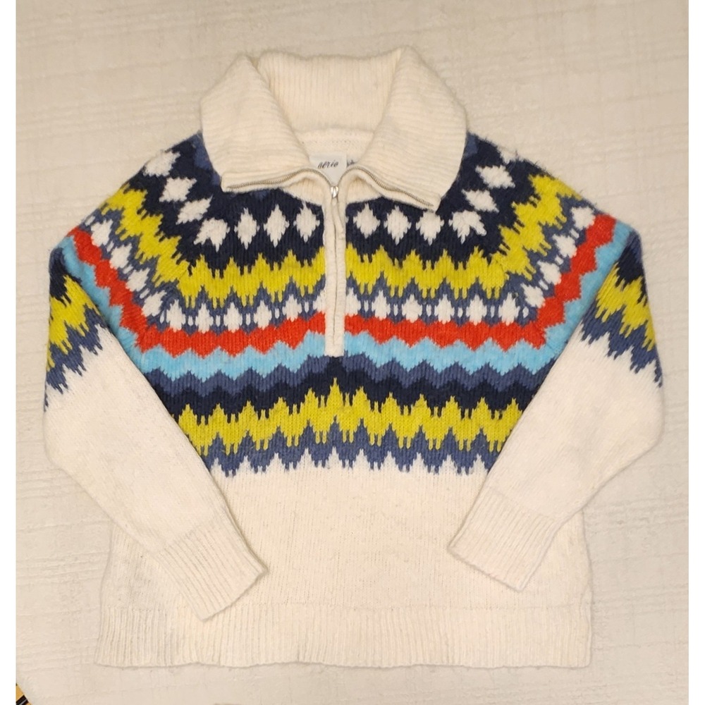 Aerie Women Large Oversized Fair Isle Sweater Mock‎ 1/4 Zip Neck Cozy Wool Blend
